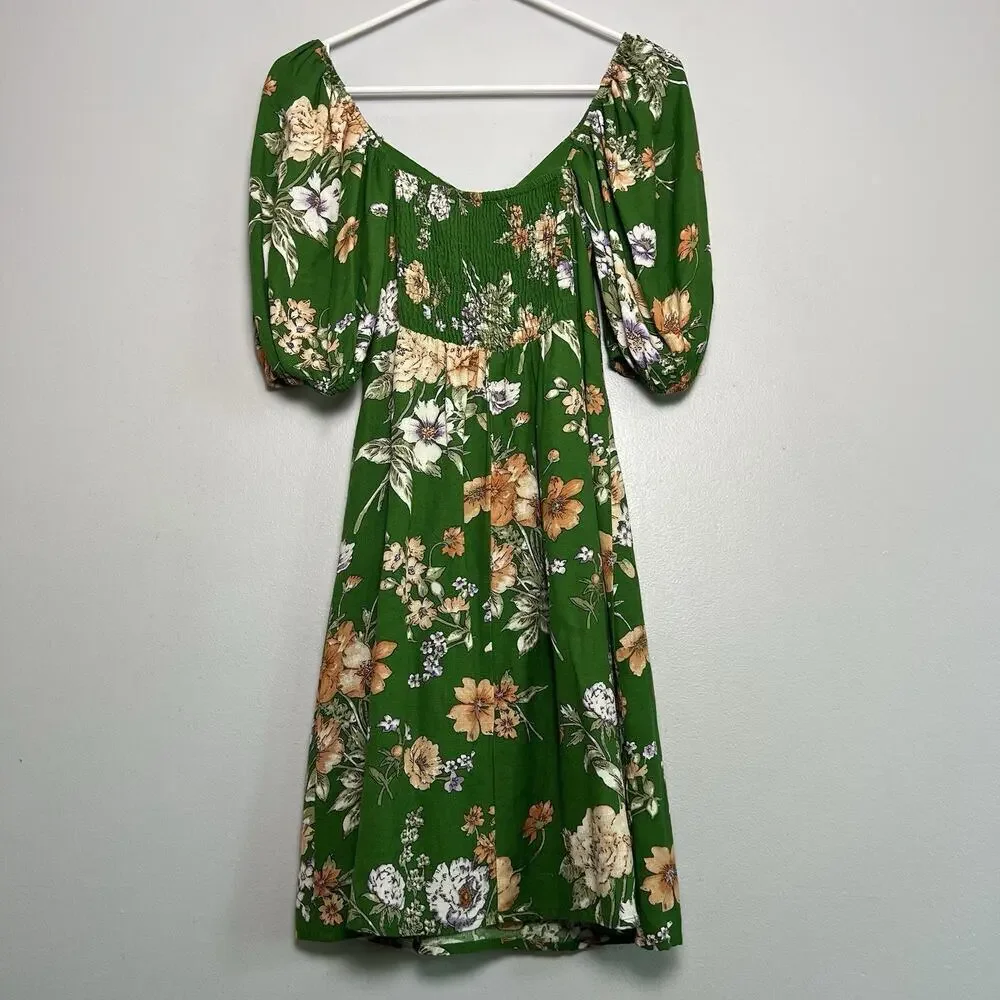 NWT Sim & Sam Dress Linen Blend Floral Sz S Ruffled Babydoll Vacation Green Boho